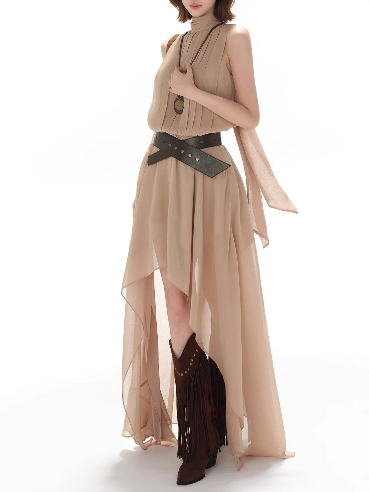 Elegant Casual Sleeveless Chiffon Vest Dress Original Design Long Skirt Drifting Hemline Polyester Fabric Shirt Pattern Stitc...