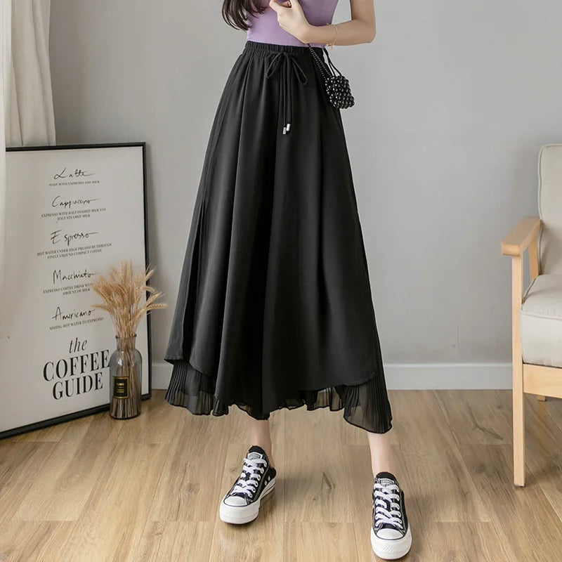 Summer Elastic Pleated Skirt Women Chiffon Trouser Skirt High Waist Casual Wide Leg Pants Fashion Streetwear Pants Pantalones