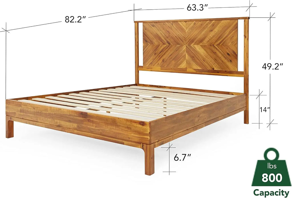 Bme Vivian 14 Inch Deluxe Bed Frame with Headboard, Rustic & Scandinavian Style with Solid Acacia Wood, No Box Spring Needed, 12