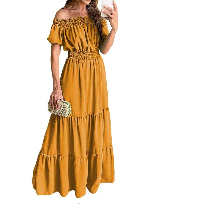 Summer Sexy Off Shoulder Slash Neck Ruffle Beach Party Dress Elegant Women Fashion Red Lace-up Pleated Holiday Long Dresses Robe
