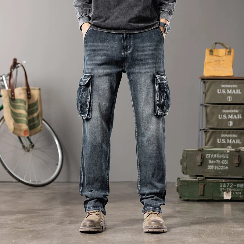 Autumn And Winter New Styles Men'S Outdoor Wide Leg Workwear Multi-Pocket Jeans Straight Fit Plus Size Men'S Jeans 42 44