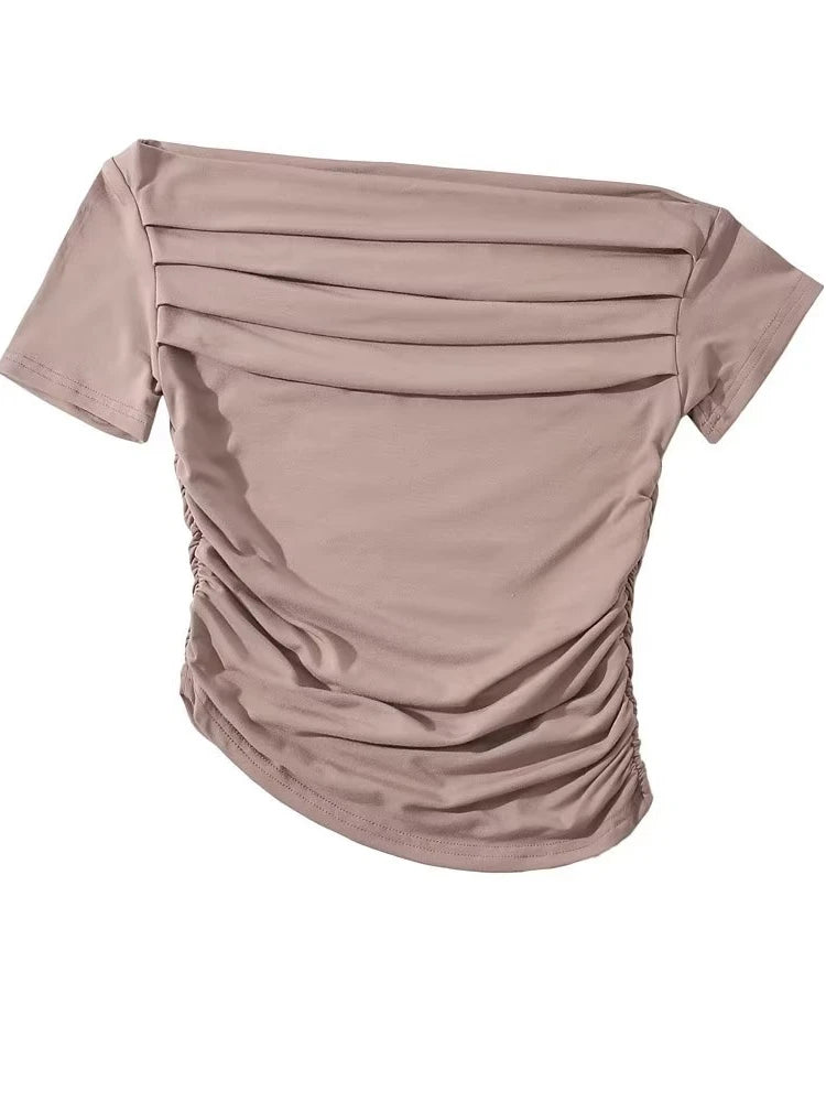 Sexy Spicy Girl Short Sleeve Slim Fit Pleated One Shoulder Base Shirt Street Snap Popular Thinming Street Snap Top for Summer