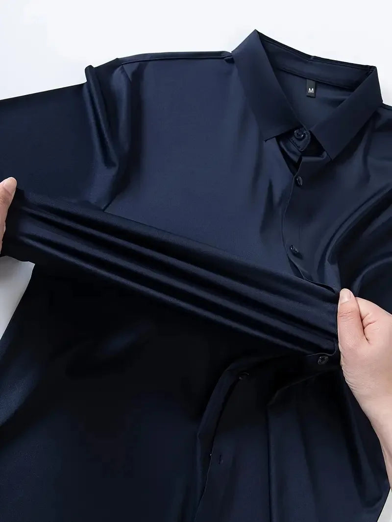 New Design Men'S Solid Shirt Long Sleeve Autumn High Elasticity Casual Wrinkle Free No Ironing Business Formal White Blue Social