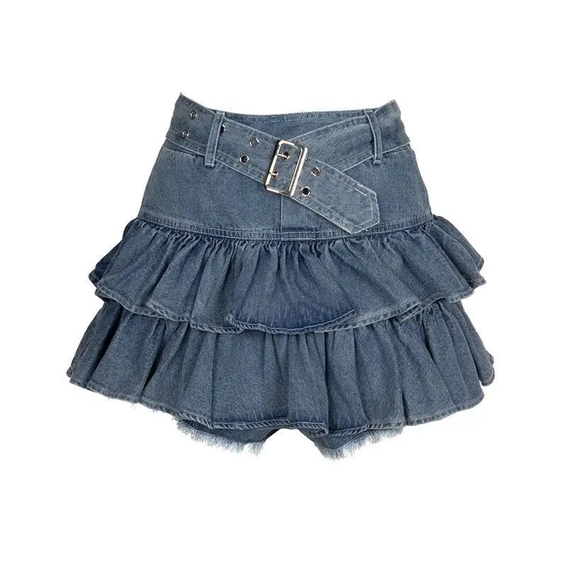 Double Layer Ruffle Two Piece High Waist Mini Tiered Cake Denim Skirt Thin Anti Slip Design