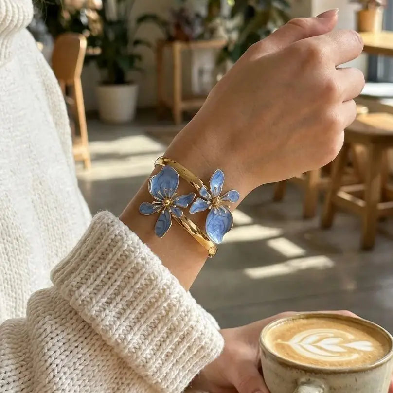 Elegant Enamel Flower Open Cuff Bracelet For Women'S Gold Plated Metal Pink White Blue Floral Bangles Beach Vacation Jewelry