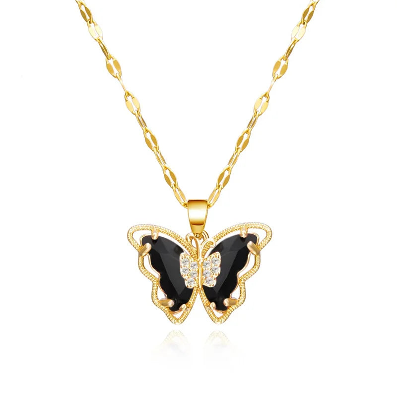 (Titanium Steel) Gorgeous and Stylish Hollow Titanium Steel Butterfly Necklace with Crystal Drop Decoration for Women