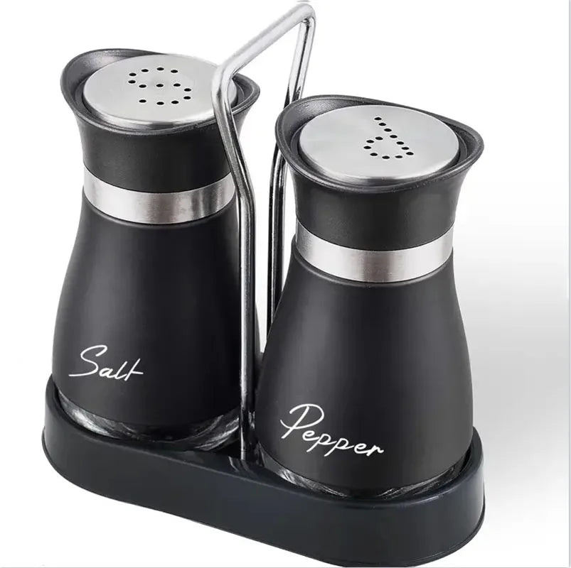 Botella de cristal para especias de cocina, juego de 2 molinillos de sal y pimienta recargables ajustables con estante, dispensador de especias con orificios para verter