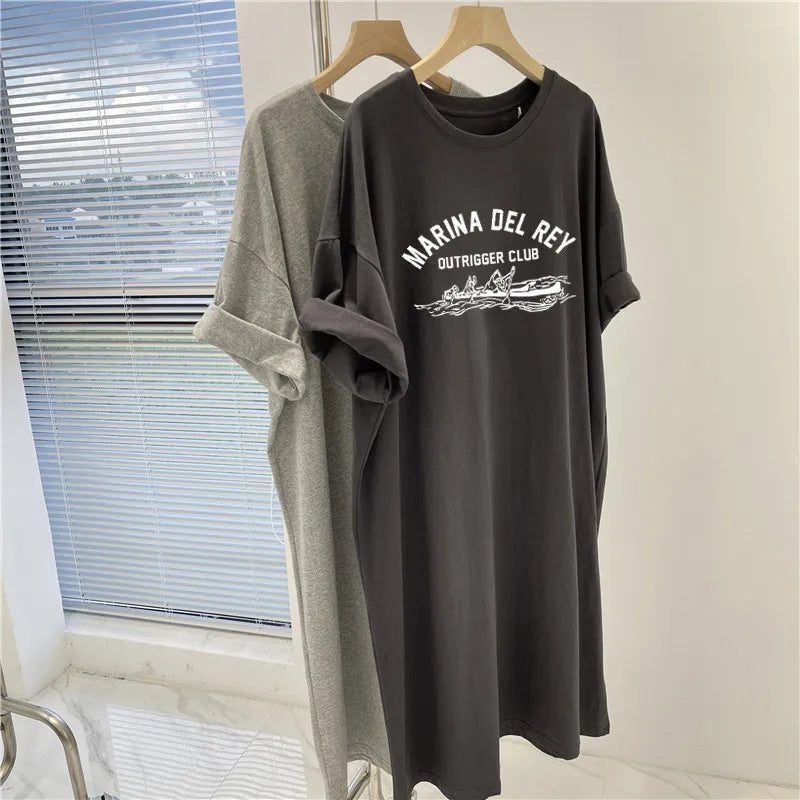 Women's Plus Size Printed T-Shirt Dress - Round Neck, Short Sleeves, Loose Fit