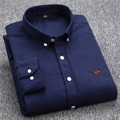 Premium Pure Cotton Oxford Shirt For Men Long Sleeve With Embroidered Horse Design Regular Fit White Dress Shirt