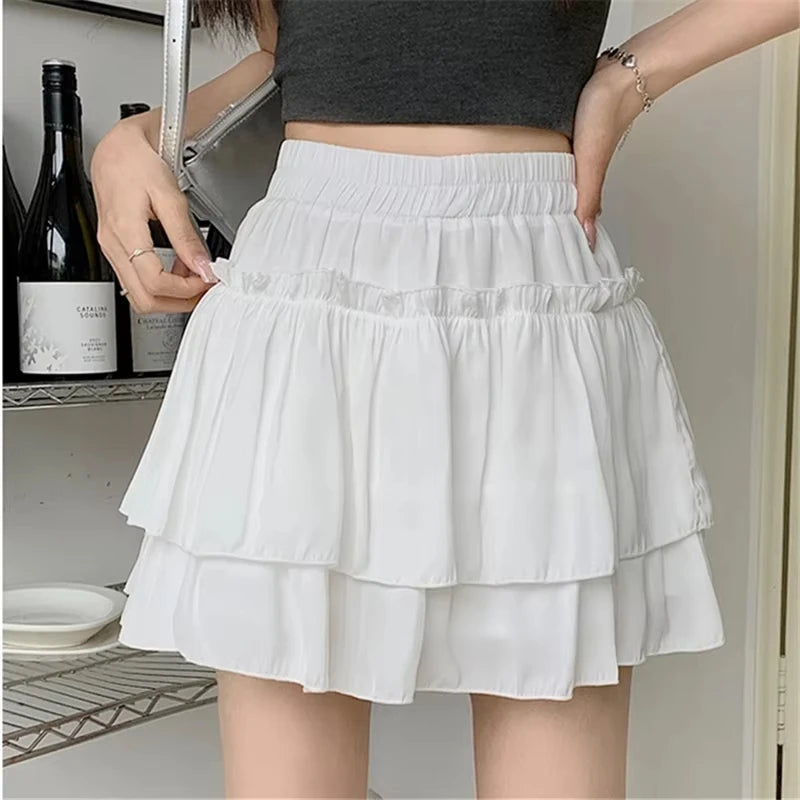 Korean Chic Y2K Sweet Girl's White Princess Mini Skirt Ballet-style Tiered Skirt Elastic High Waist Cake Skirt Shorts All-match
