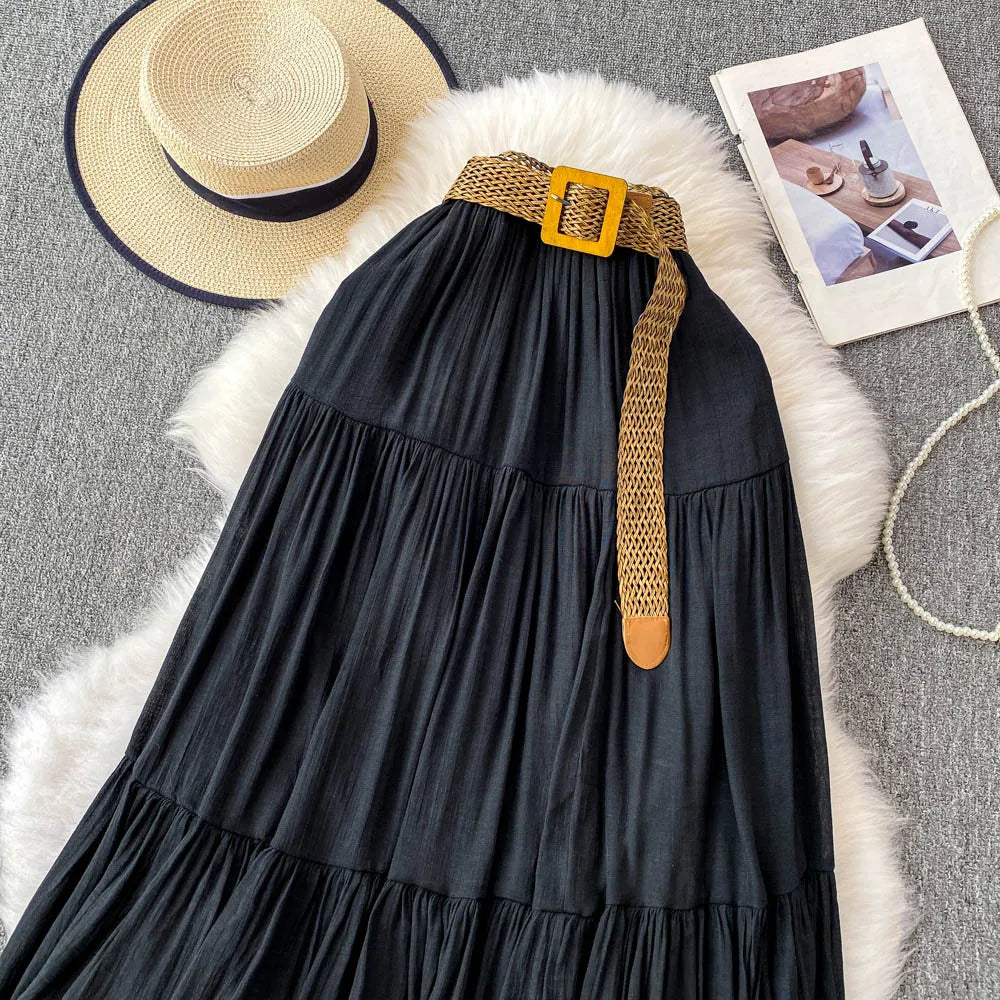 White Casual Mid-Length Puffy Skirt Women's Summer High Waist Slimming Cake Skirt Korean Sle Commute A-Line Skirt