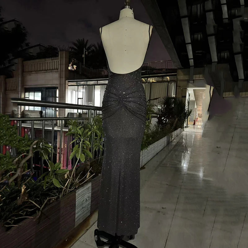 Deat Fashion Gray Hot Drilling Spaghetti Strap Dress Women'S'S Slim Fit Backless Folds Split Floor-Length Dresses New Tide 7Ab8510
