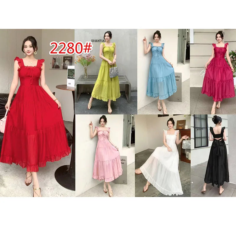 Summer French Sweet Camisole Ruffle Edge Dress for Women New Style with Straps Waist Cinching Vacation Style Dress C579