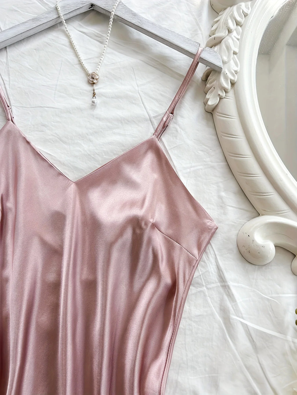 Women's Elegant Solid Color Satin Nightgown V-Neck Midi Summer Lightweight Sexy Strappy Loungewear Soft Luxurious Bright