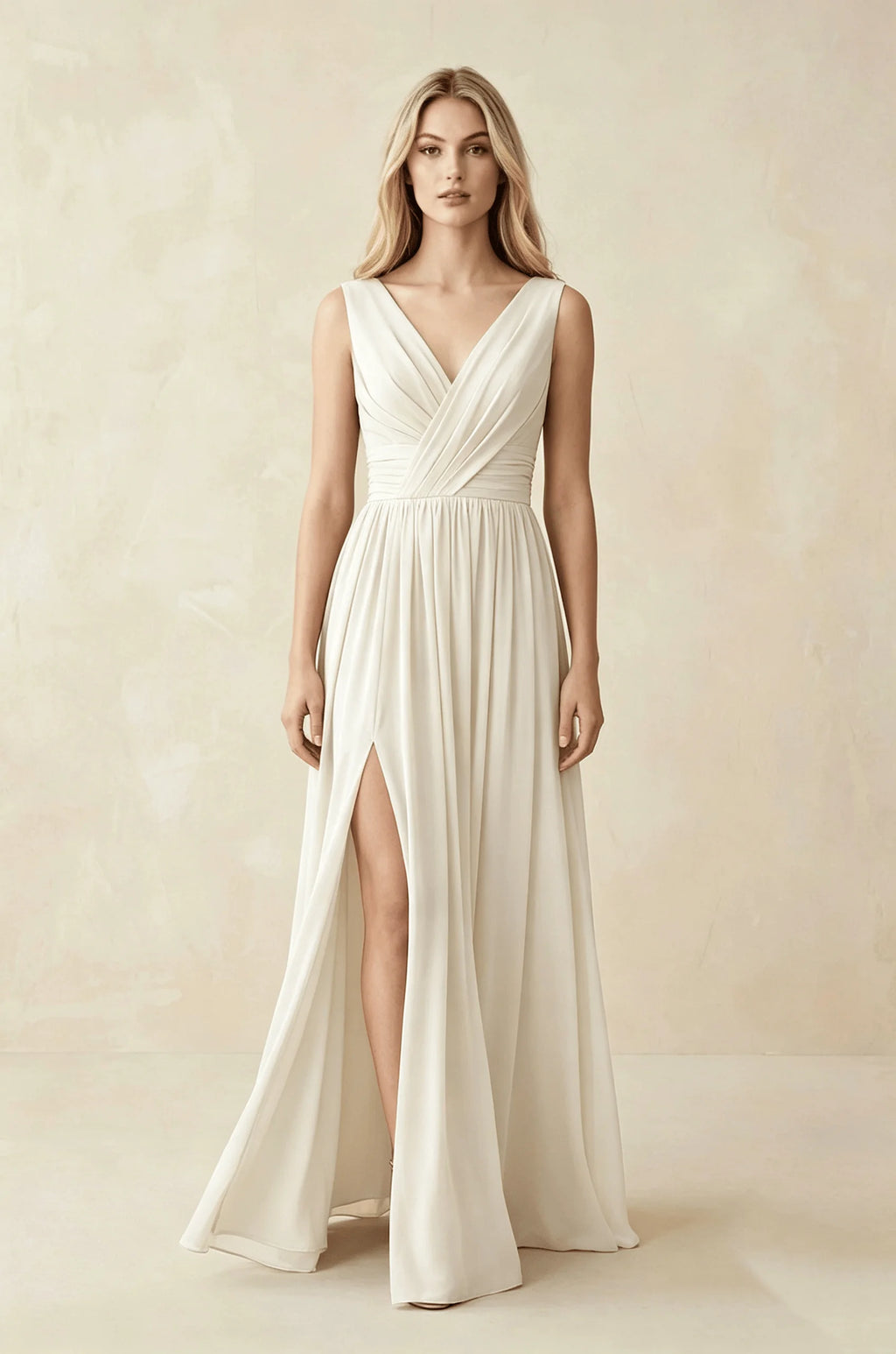 Sleeveless Deep V Neck Chiffon Formal Dress Ruched Empire Waist Front Split A‑Line Floor‑Length Bridesmaid Party Prom Dresses