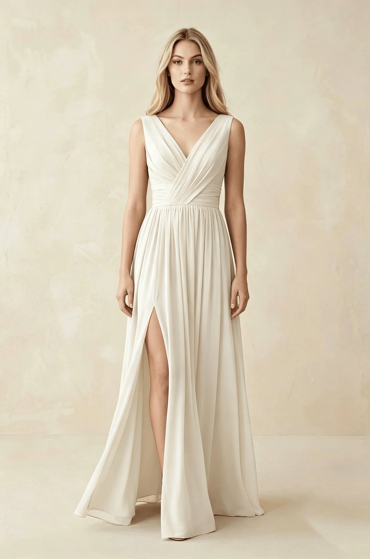Sleeveless Deep V Neck Chiffon Formal Dress Ruched Empire Waist Front Split A‑Line Floor‑Length Bridesmaid Party Prom Dresses