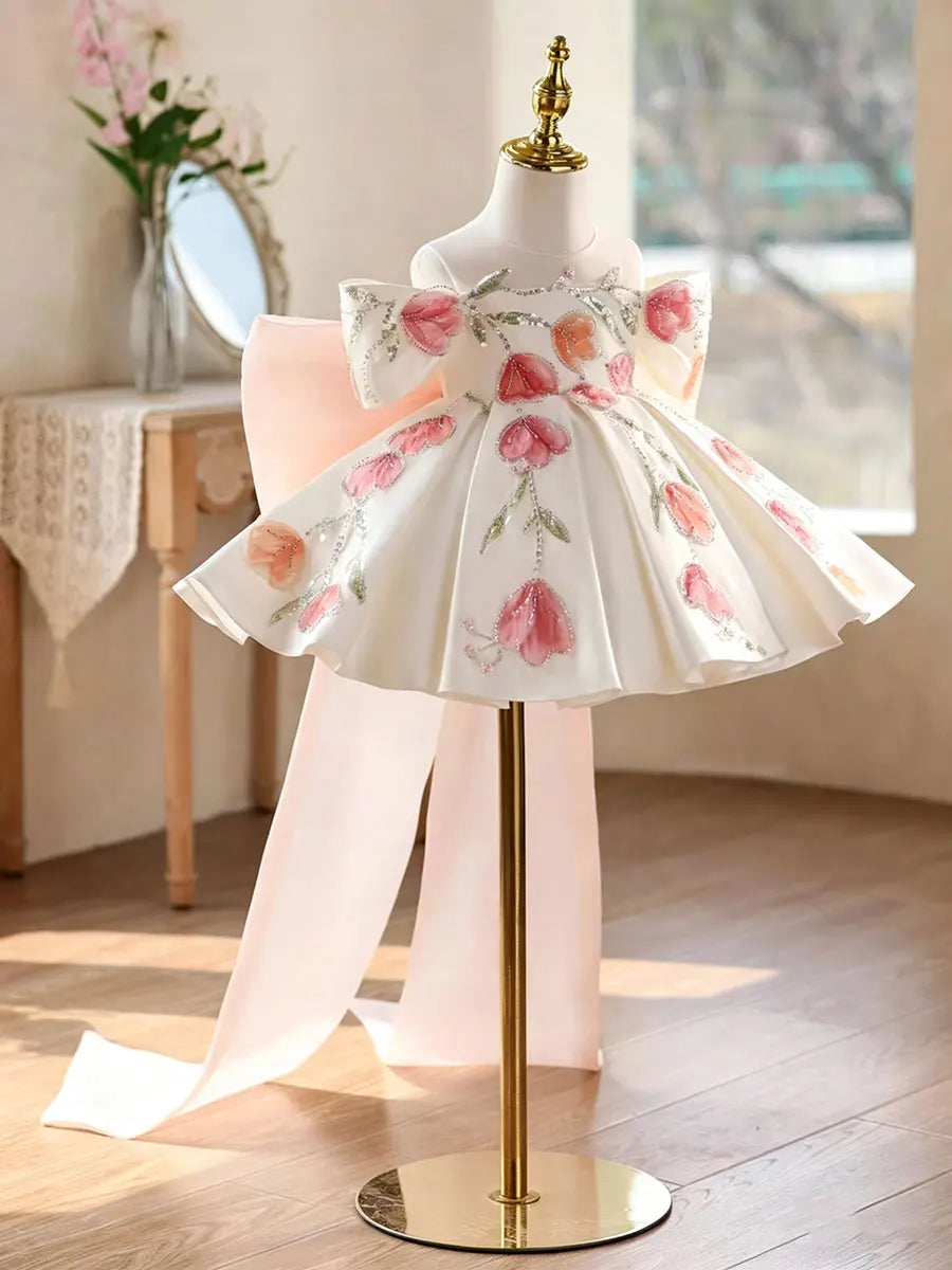 Dreamy Vow D267 White Girls Dress Pink Tulip Embroidery Off Shoulder Large Bowknot Satin Flower Girl Dress Kids Wedding Party