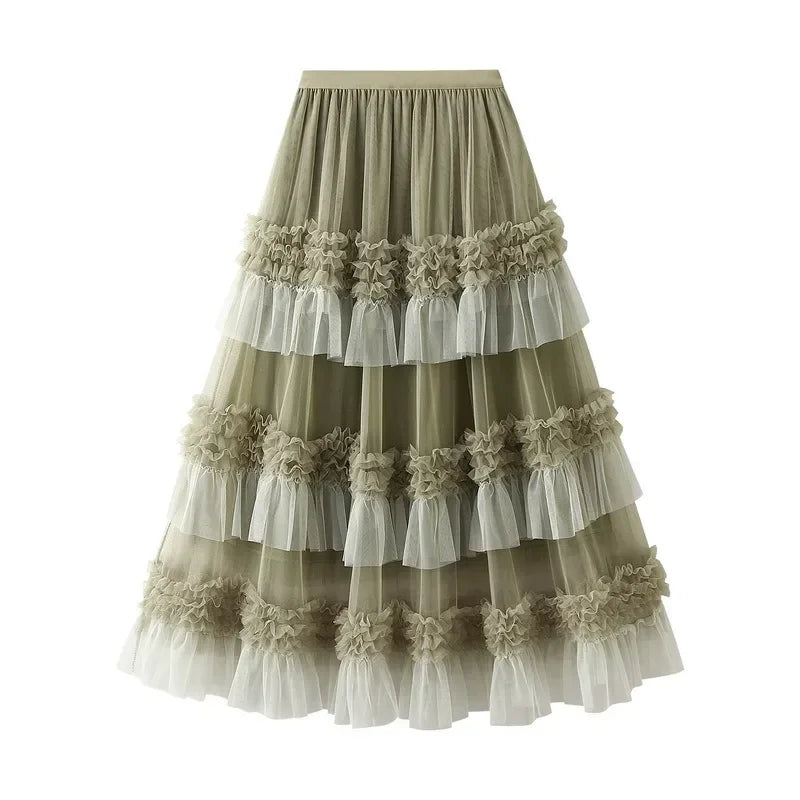 Autumn and Winter New Color Scheme Fashionable Dress for Women Big Swing Yarn Skirt Sweet Lace Pleated Edge Dancing Skirt 1391