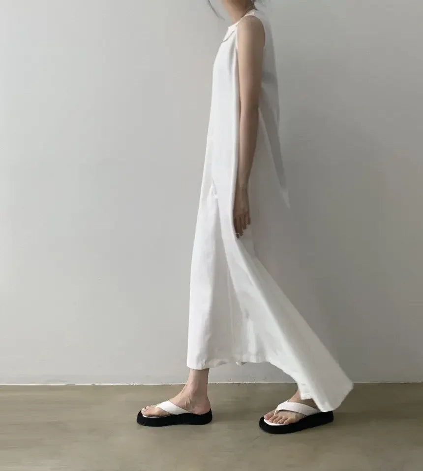 Korean Fashion Women Dress Casual Round Neck Loose Solid Color Casual Big Swing Sleeveless Long Linen Lazy Style Vestidos