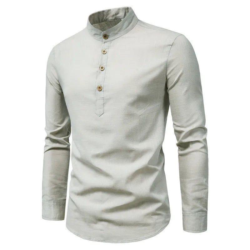 Men's Slim Fit Casual Shirt - Long Sleeve Cotton Standing Collar