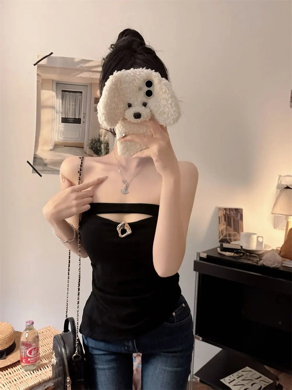 Sexy Slimming Red One-Shoulder Tube Top Women's Summer Fitted Hollow out Chest Pad Korean Style Thin T-Shirt Vest