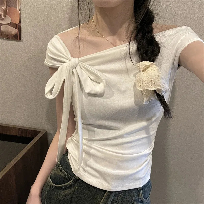 Sexy Spice Girl Shoulder Short Tshirt Women's Strap Slit Cleanfit Style Ladies' T-shirt Linen Fabric A-line Sleeve Other Mate...