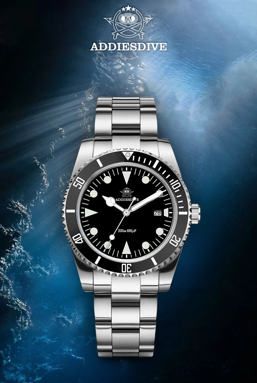 ADDIESDIVE Men's Diving Watch Stainless Steel Ceramic Bezel Quartz Watch Men's BGW9 Luminous 200m Waterproof  Men's Watch