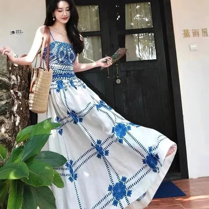 Bohemian Floral Embroidered Spaghetti Strap Maxi Dress Loose A-Line Summer Beach Dress for Women