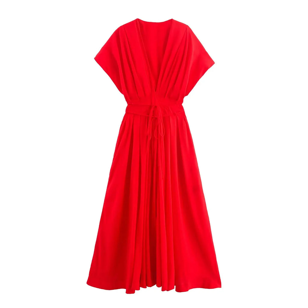 Solid V-Neck Short Sleeve Bow Lace-Up Single-Breasted Women's Fashion Casual Dress Female Summer Elegant Long Dress