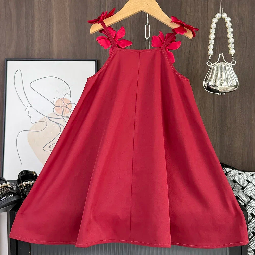 Korean Version 2 3 4 5 6 7-year-old Solid Color Girls' Casual Clothes Summer 3D Flower Princess Dress Fashionable and Elegant