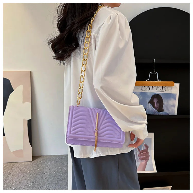 Brand Designer PU Striped Women's Shoulder Bag Fashion Tassel Chain Crossbody Bag Small flap Handbag  2023 Trend