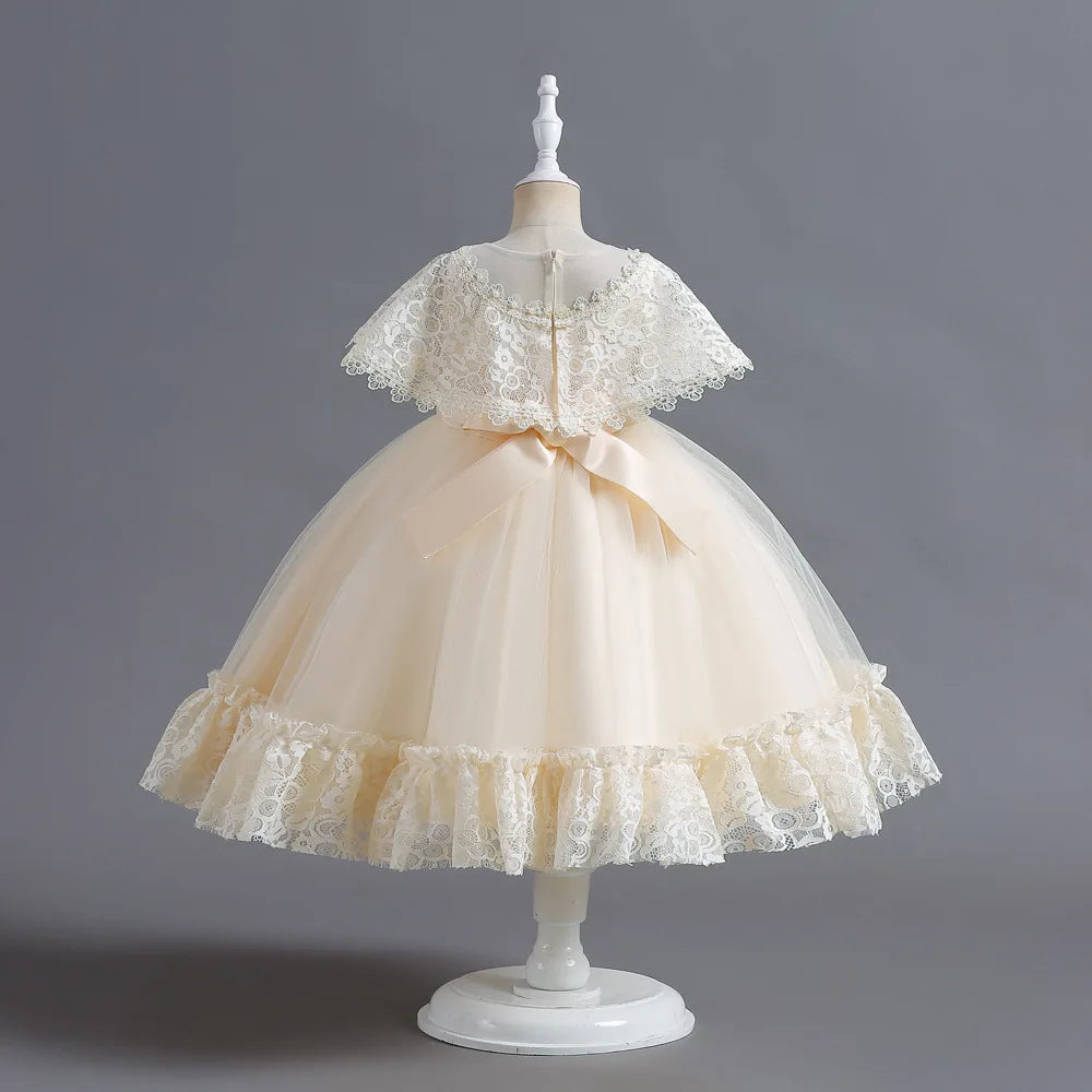 Criss-Cross Lace Girl Bridesmaid Dresses For Christmas White Kid's Party Dress Beading Tulle Children's Ceremony Evening Frocks