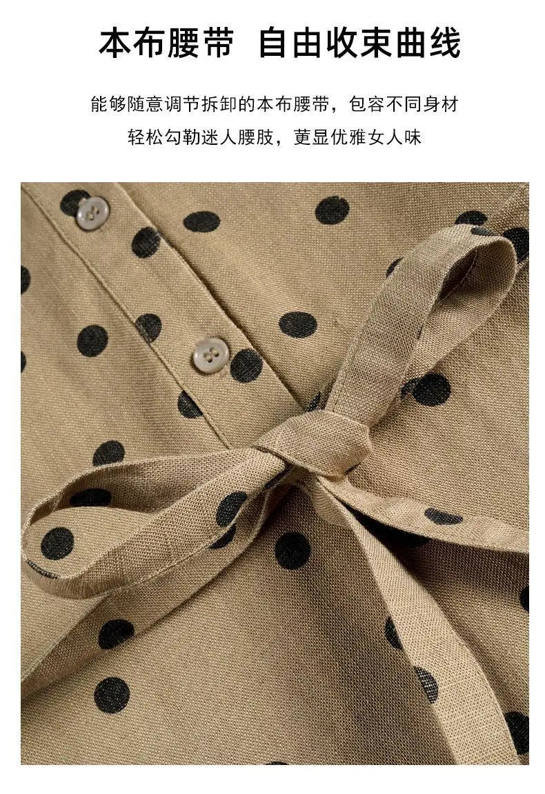 Cotton and Linen Dress French Polka Dot Print Fashion Long Skirt Summer New V-neck Casual Lace-up A-line Skirt