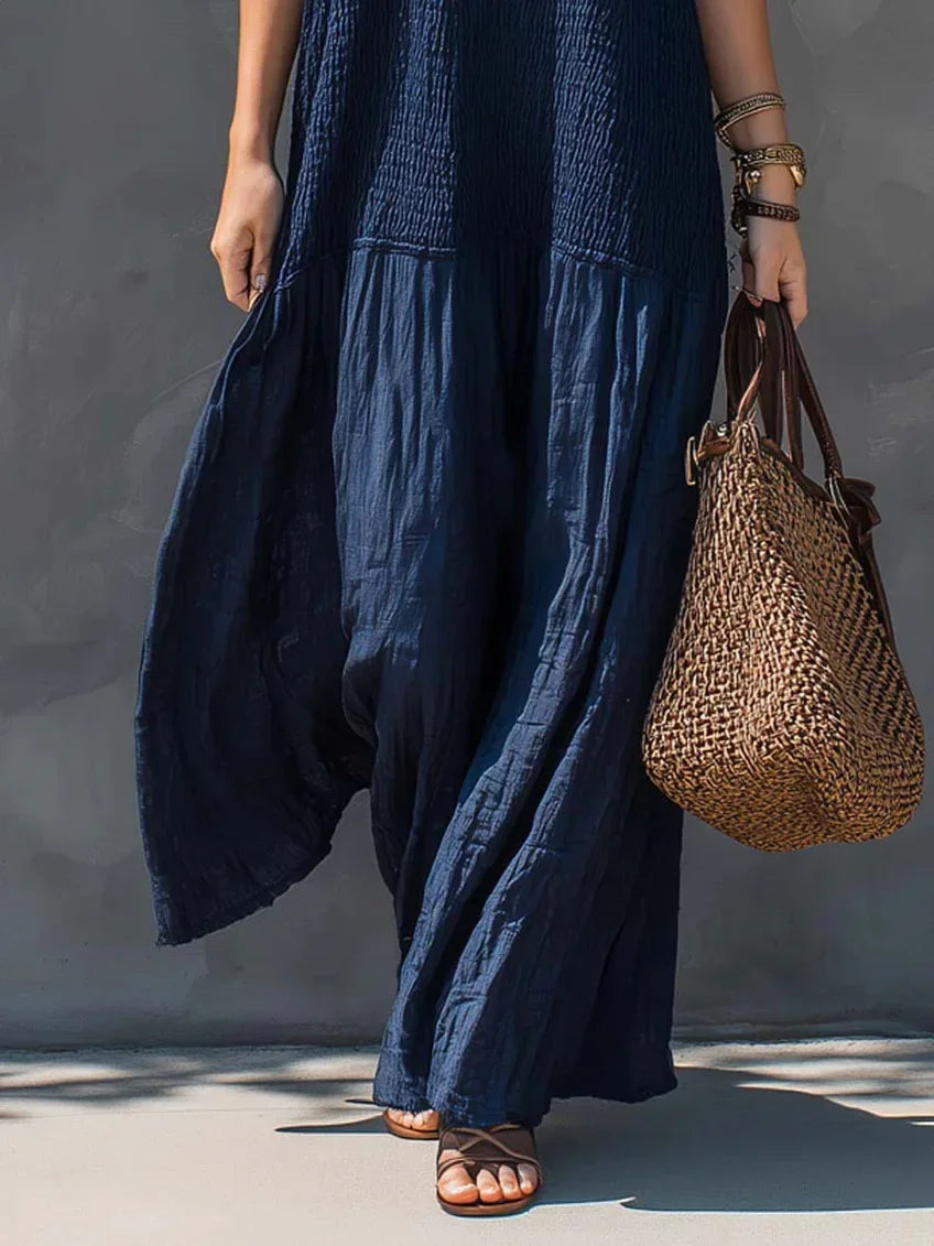 Spaghetti Strap V Neck Maxi Dress Smocked Bust Loose Wide Hem Coastal Style Getaway Wear Sleeveless Beach Long Sundress