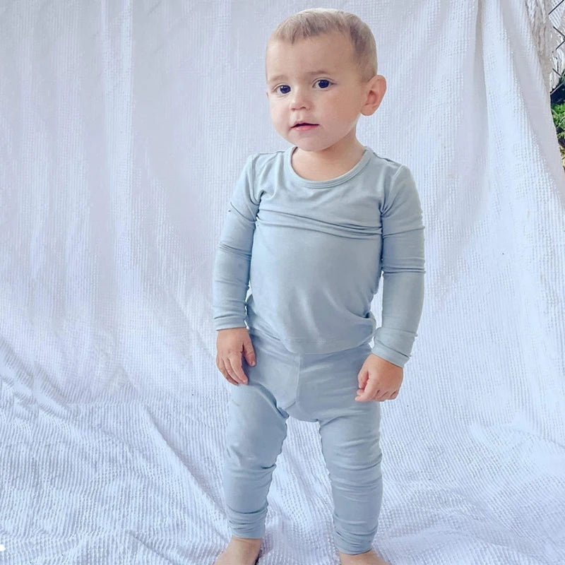 2026 Bamboo Fiber Toddler Kids Pajamas Clothes Solid Hight Elasticity Breathable Sleepwear Set For 9M-7T Boy Girl Loungewear