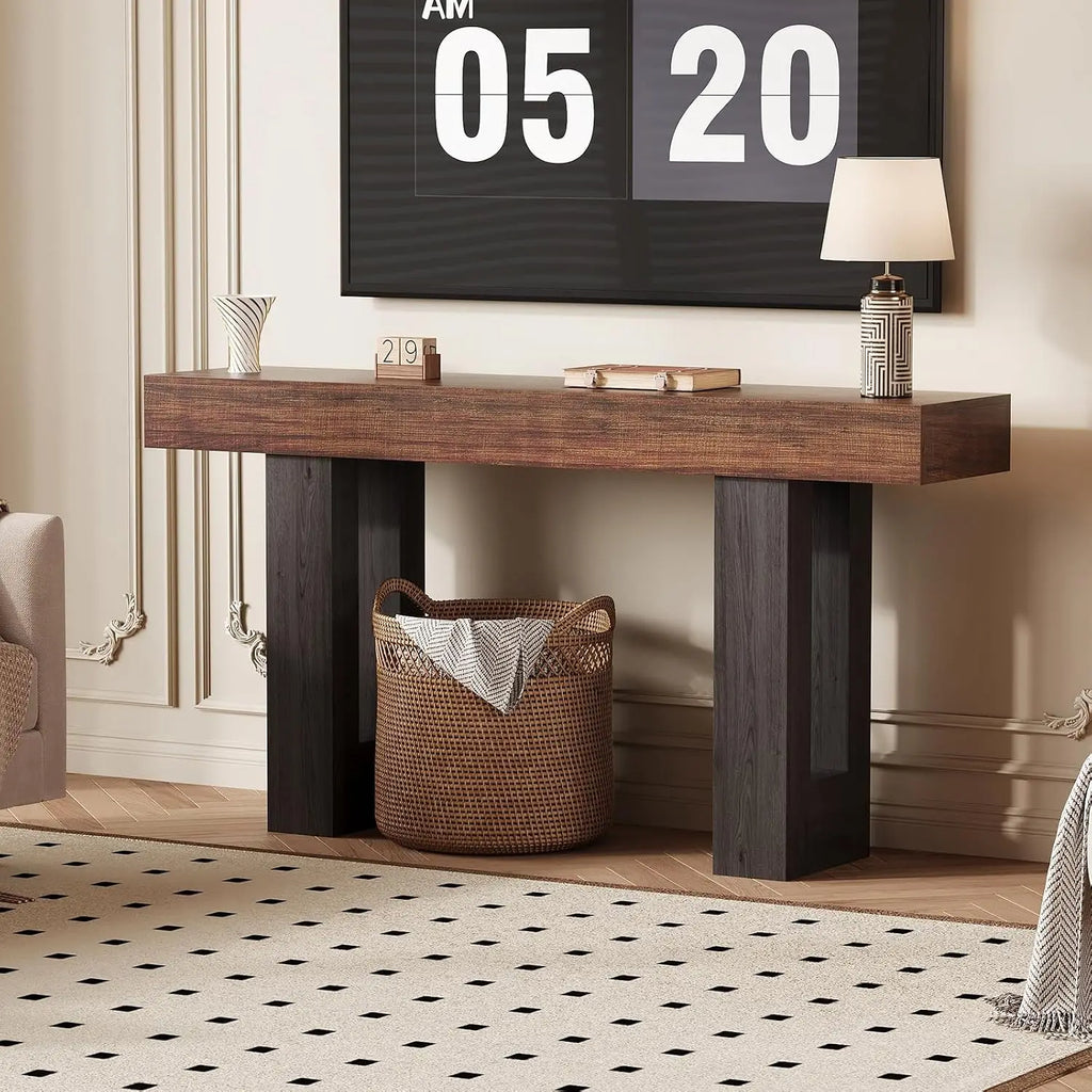 63" Entryway Console Table with Power Outlet, Rustic Brown Wooden Narrow Sofa Table for Hallway Foyer Living Room, Customized
