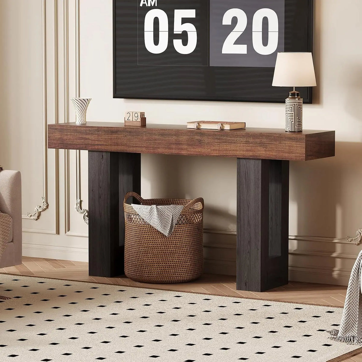63" Entryway Console Table with Power Outlet, Rustic Brown Wooden Narrow Sofa Table for Hallway Foyer Living Room, Customized