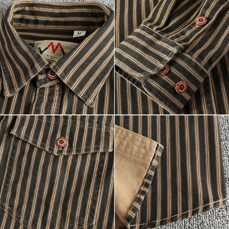 2025 Autumn And Winter New American Retro Stripe Long-Sleeve Lapel Shirt Men'S Fashion Washed Multi-Pocket Casual Blouses