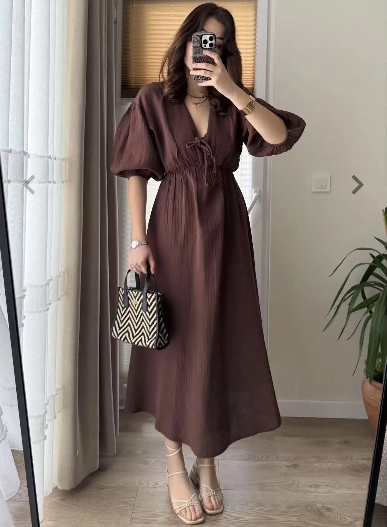 Dress Women Dresses A Line Puff Sleeve Vestidos V Neck Elastic Waist Elegant Mid Length Solid Y2k Streetwear Work Lace Up Summer