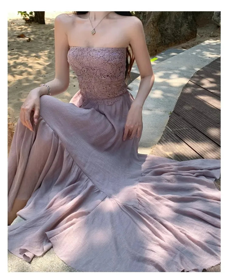 Slimming Dry Rose Splicing Tube Top Beach Dress Women's Style Long A-Line Skirt High Waist No Sleeve Shoulderless Polyester