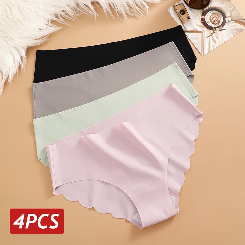 Ice Silk Seamless Panties 4Pcs/Set Women'S'S Briefs Solid Color Elastic Underwear Female Ultra Thin No Trace Wavy Side Panties