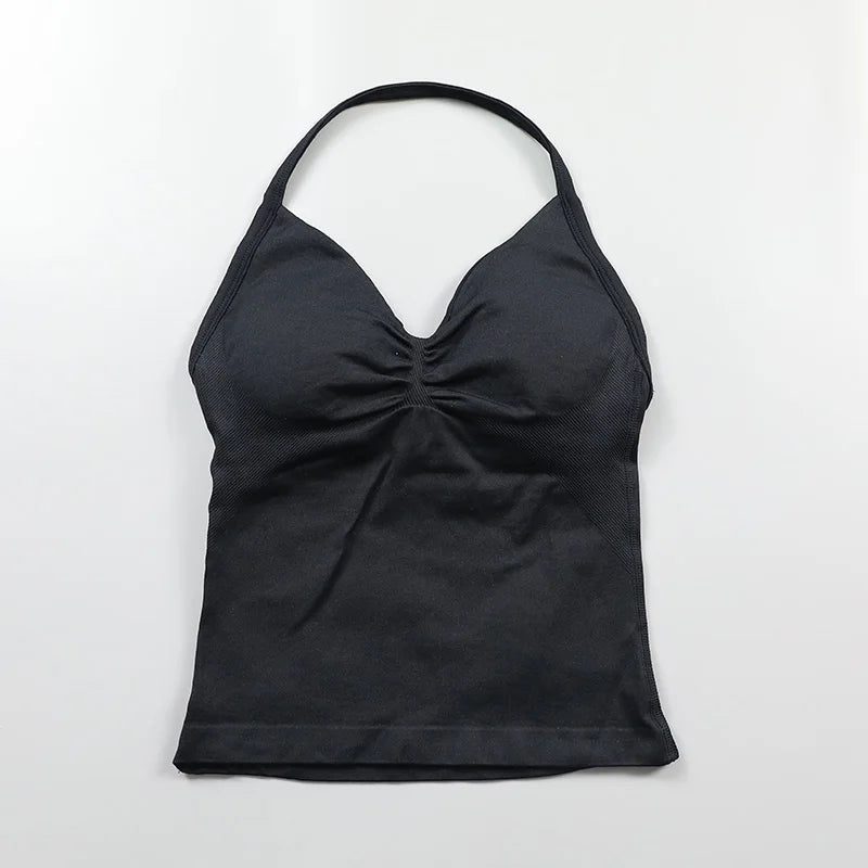 No Logo Longline Strappy Top Women Seamless Yoga Tank Top Ruched Backless Gym Clothes Workout Sleeveless Shirt With Built In Bra
