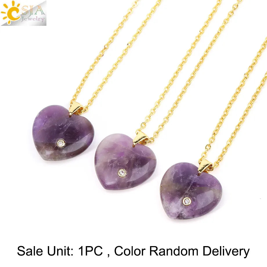 Csja Stainless Steel Natural Stone Heart Pendant Necklaces Charms Crystal Amethyst Rose Quartz Necklace Accessory Making H840