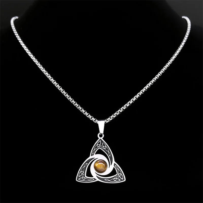Viking Trinity Knot Necklace For Women'S Men Stainless Steel Tiger Eye Stone Irish Celtic Lucky Amulet Necklaces Jewelry N3806S02