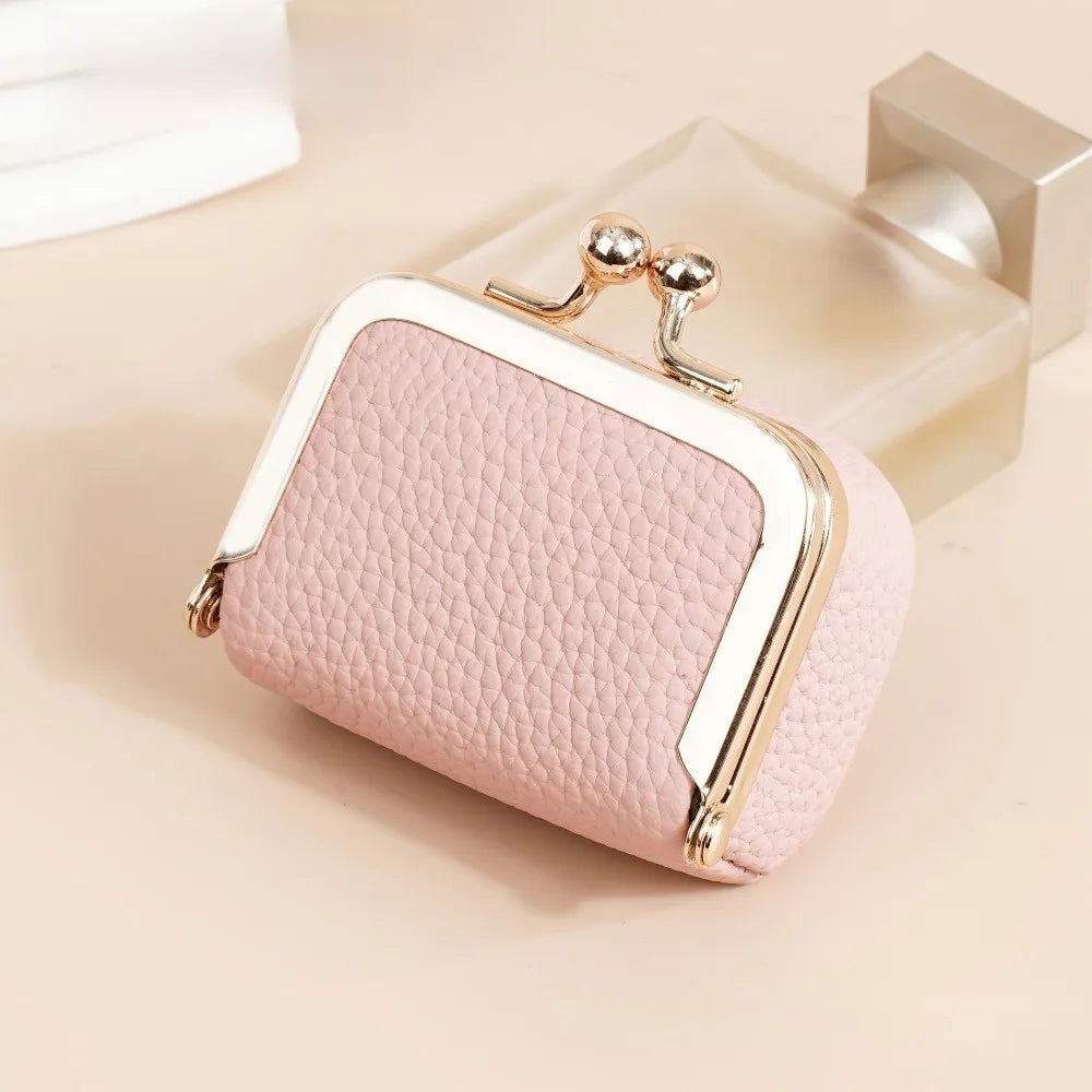 Wallet Genuine Leather Kiss Lock Coin Purse Solid Color Square Leather Jewelry Bag Multifunctional Mini Small Item Bag Earrings