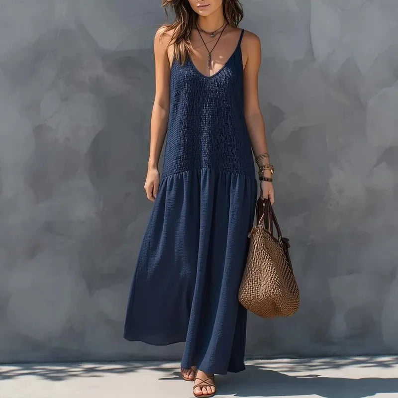 Spaghetti Strap V Neck Maxi Dress Smocked Bust Loose Wide Hem Coastal Style Getaway Wear Sleeveless Beach Long Sundress