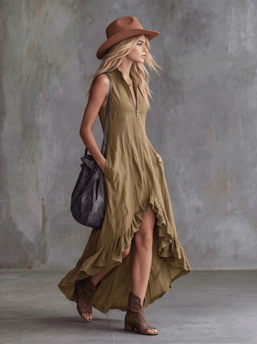 Women's Sleeveless Half Zip Maxi Dress Stand Collar High Low Ruffle Hem A-Line Long Dress with Pockets