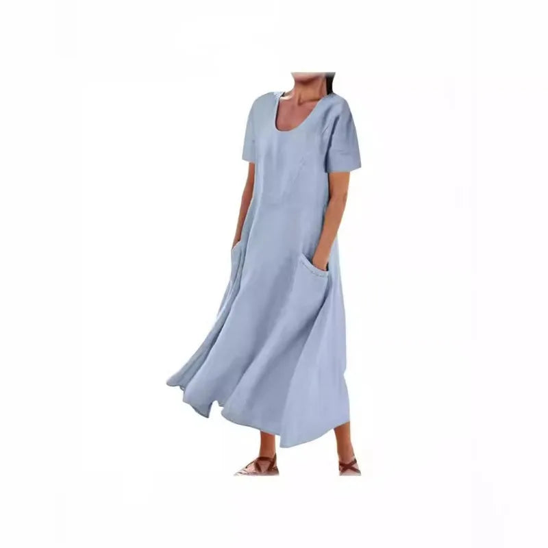 Women Solid Cotton Linen Round Neck Short Sleeve Loose Flowy Maxi Dress EU US Gown