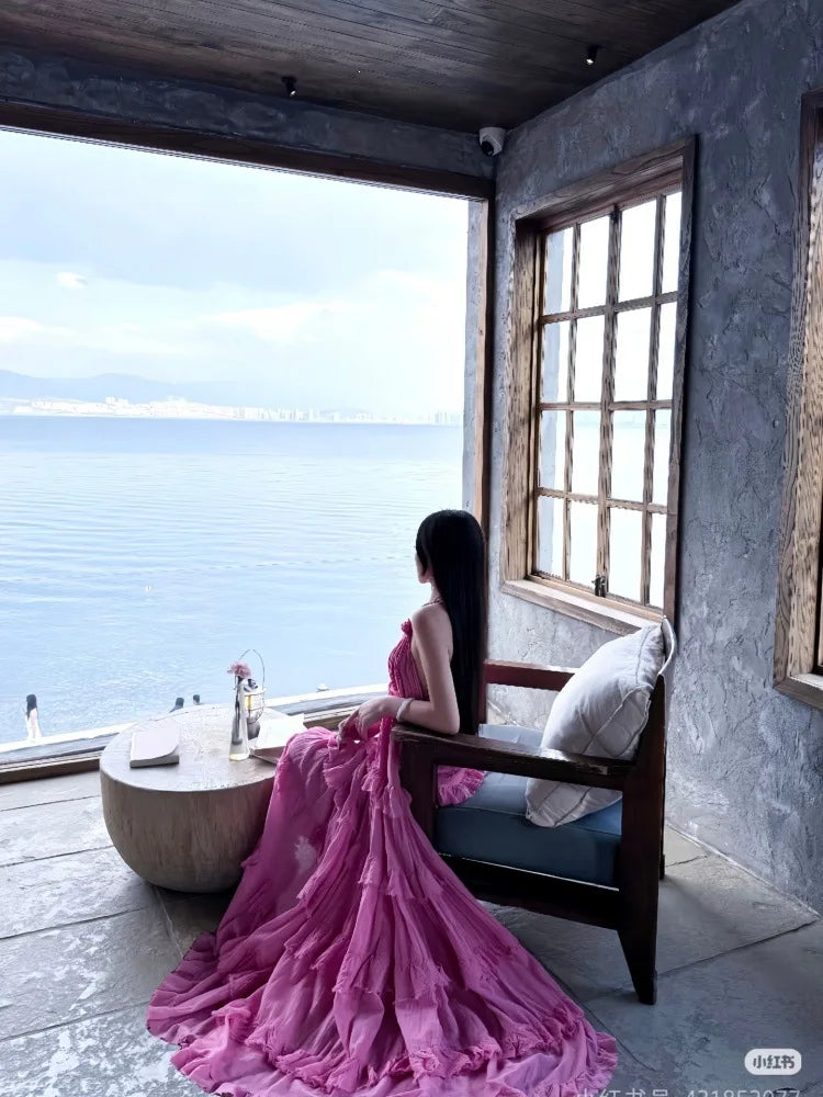 Beach Vacation Pure Desire Style Women's Long Fairy Skirt Off-Shoulder Gown V-Neck Sleeveless High Waist Midi Dress