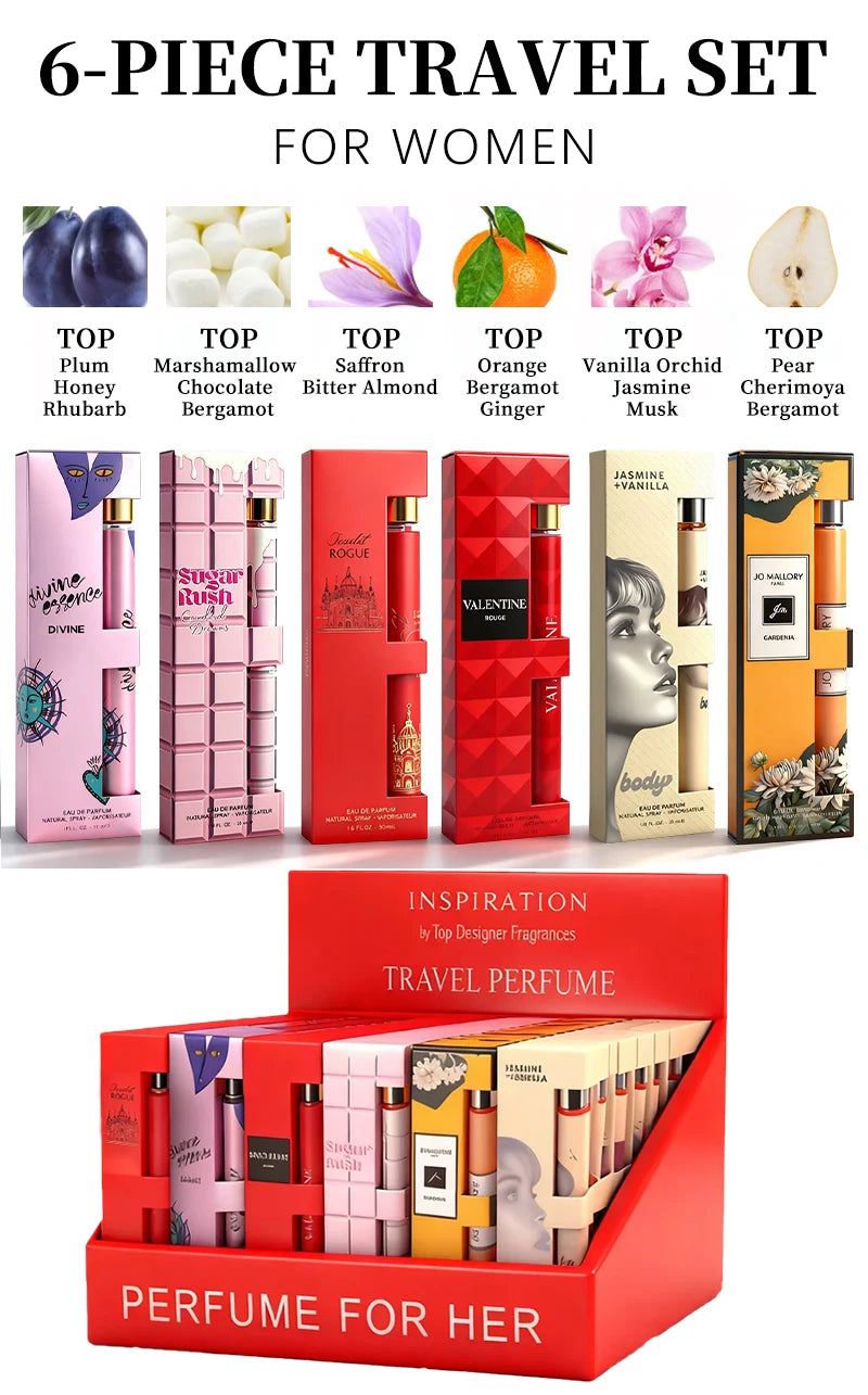 6-Piece Travel Set, Men's and Women's Eau De Toilette Spray, Long-Lasting Fragrance, 6 Different Flavors, Perfect for Holiday Gift